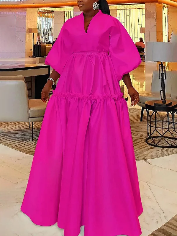 High Waisted Puff Sleeves Falbala Solid Color V-Neck Maxi Dresses