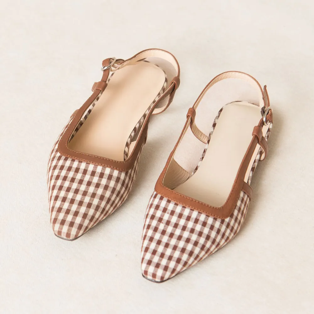 Brown & White Plaid Square Toe Slingback Flat Shoes for Women