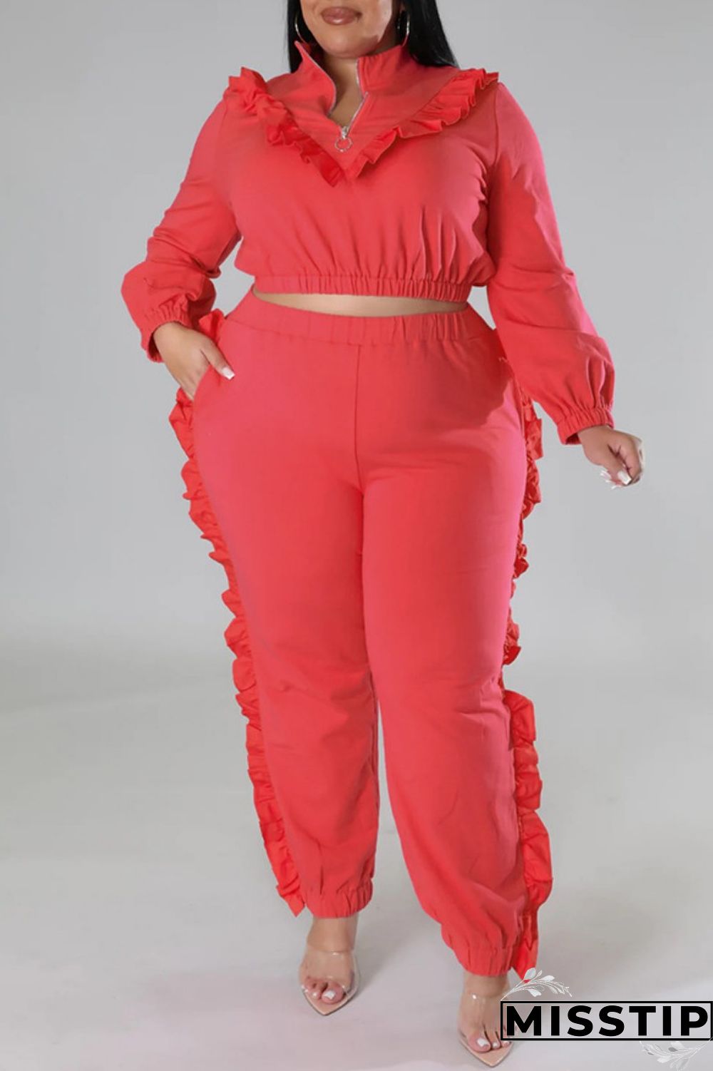 Black Casual Solid Patchwork Zipper Collar Plus Size Two Pieces