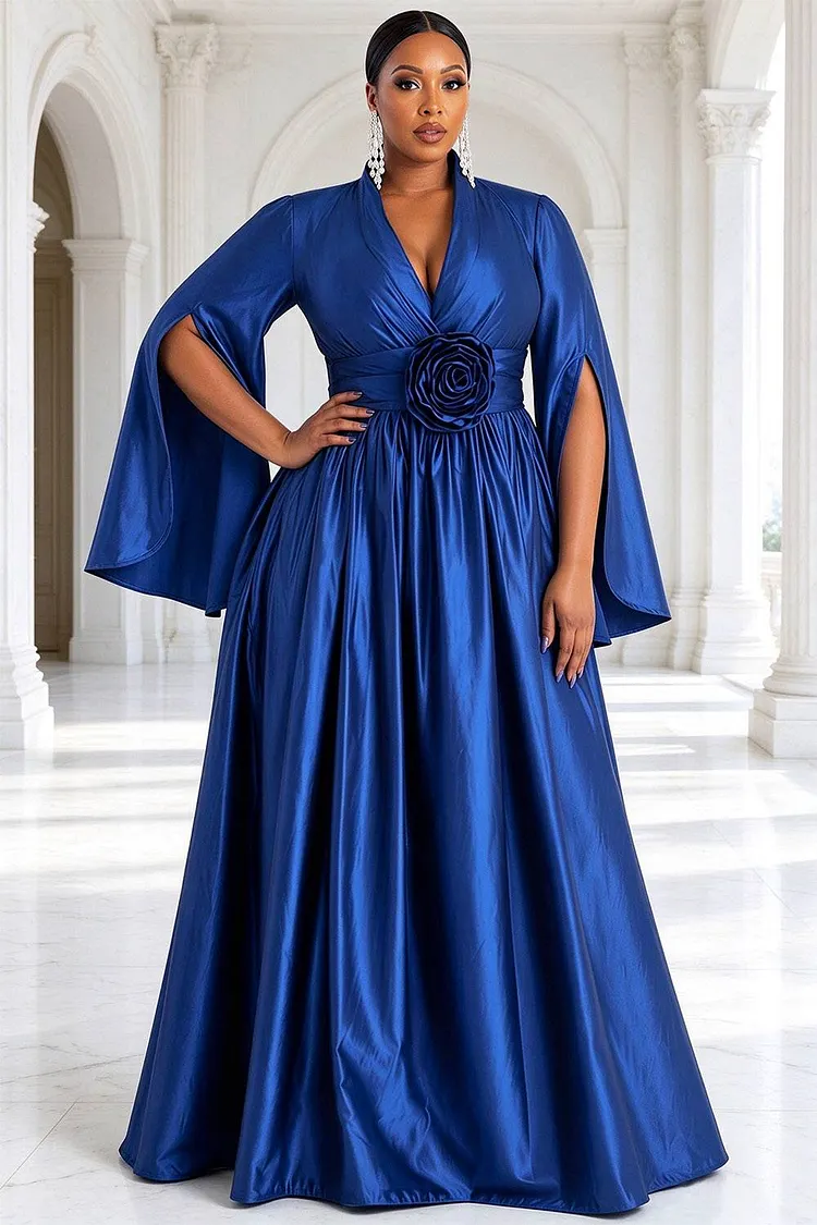 Xpluswear Design Plus Size Formal Royal Blue V Neck Long Sleeve 3D Split Satin Maxi Dresses [Pre-Order] 2024 - Xpluswear