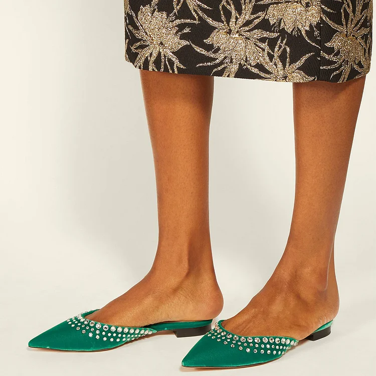Green Velvet Pointed Toe Rhinestone Flat Mules |FSJ Shoes