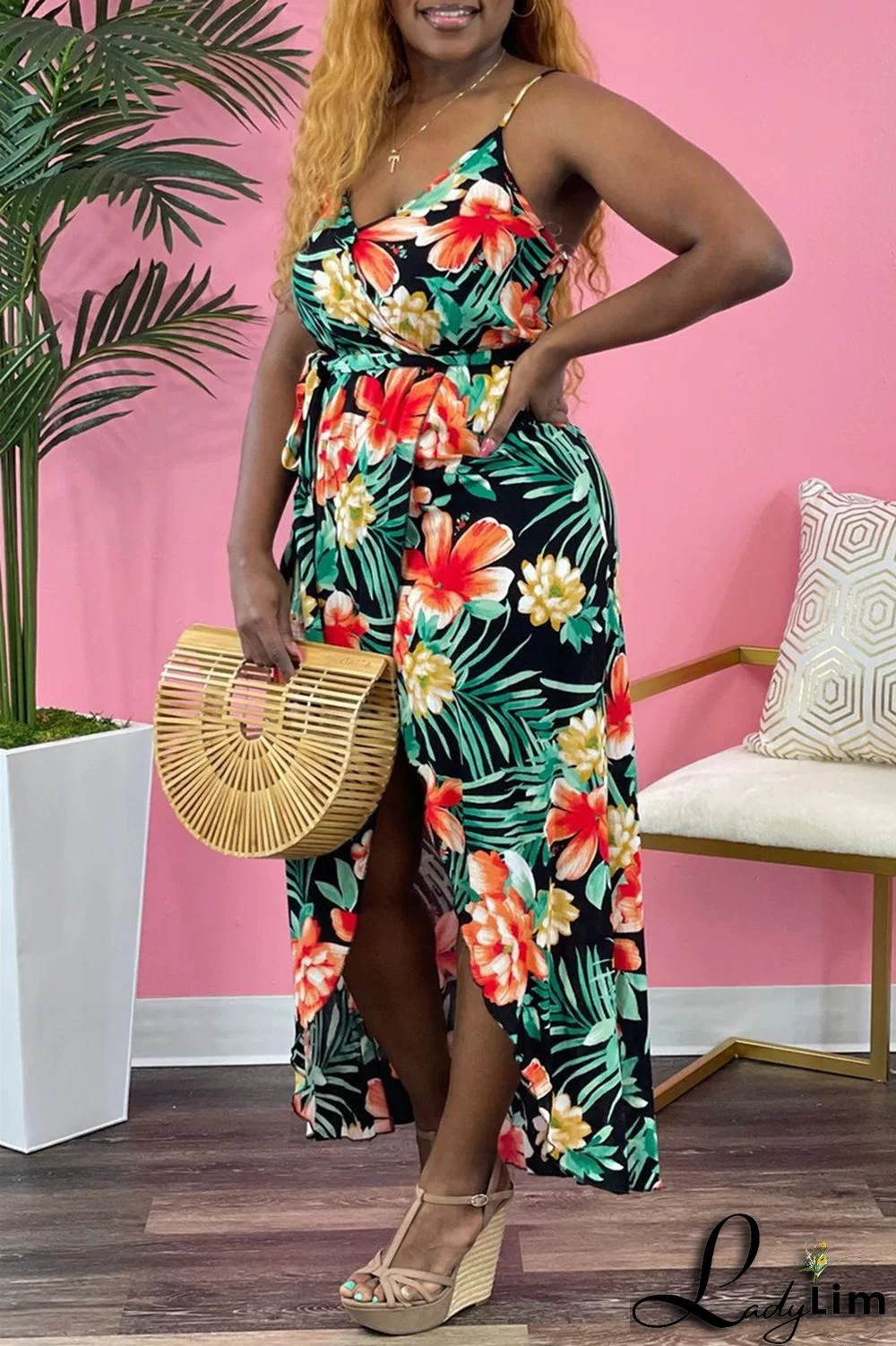 Green Sexy Casual Print Bandage Backless V Neck Sling Dress