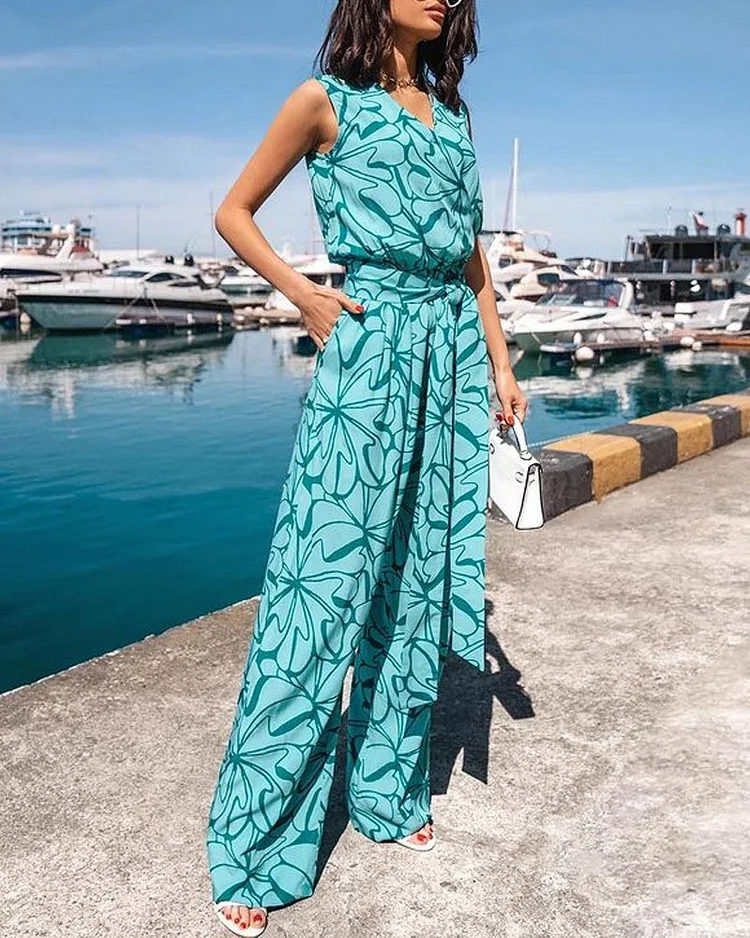 Casual V-neck Sleeveless Printed Jumpsuit