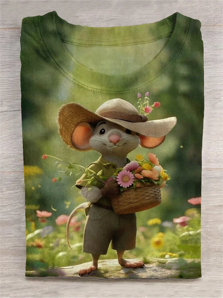 Funny Mouse Pastoral Life Art Print Casual T-shirt