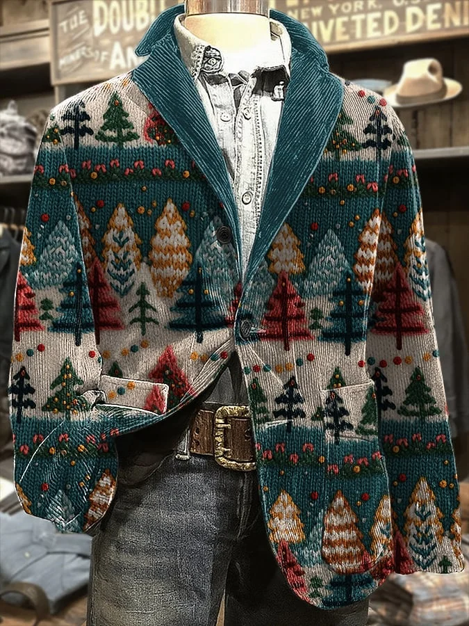 Men's Retro Christmas Tree Print Casual Blazer 