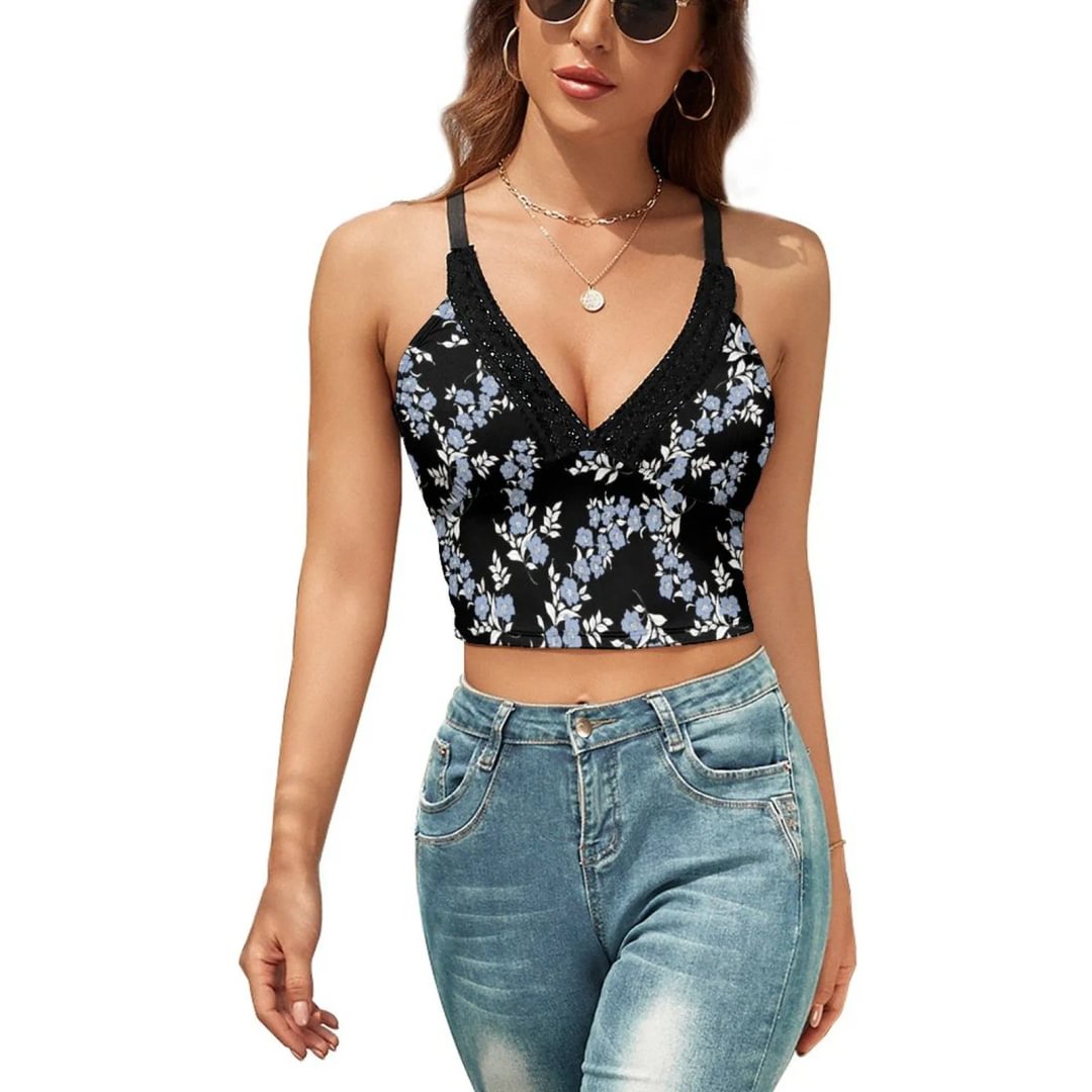 Floral Lace Sleeveless Vest Summer Girl Women V Neck Cropped Strap Tank Top Cami Patchwork Camisole Shirt - Neewho