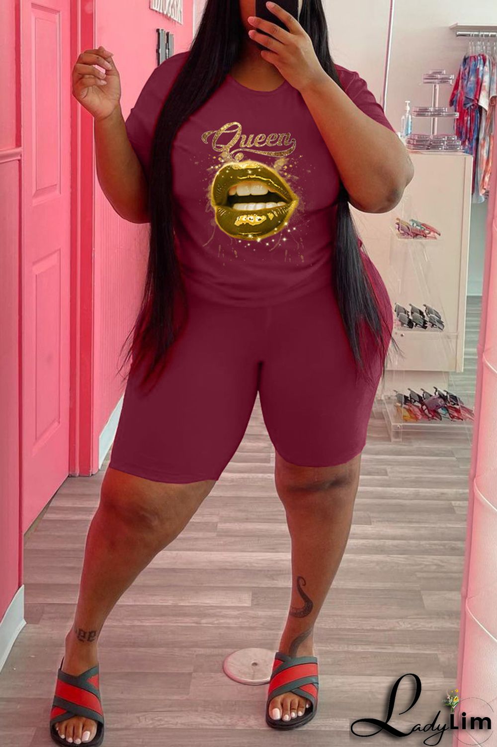 Black Fashion Casual Lips Printed Basic O Neck Plus Size Two Pieces