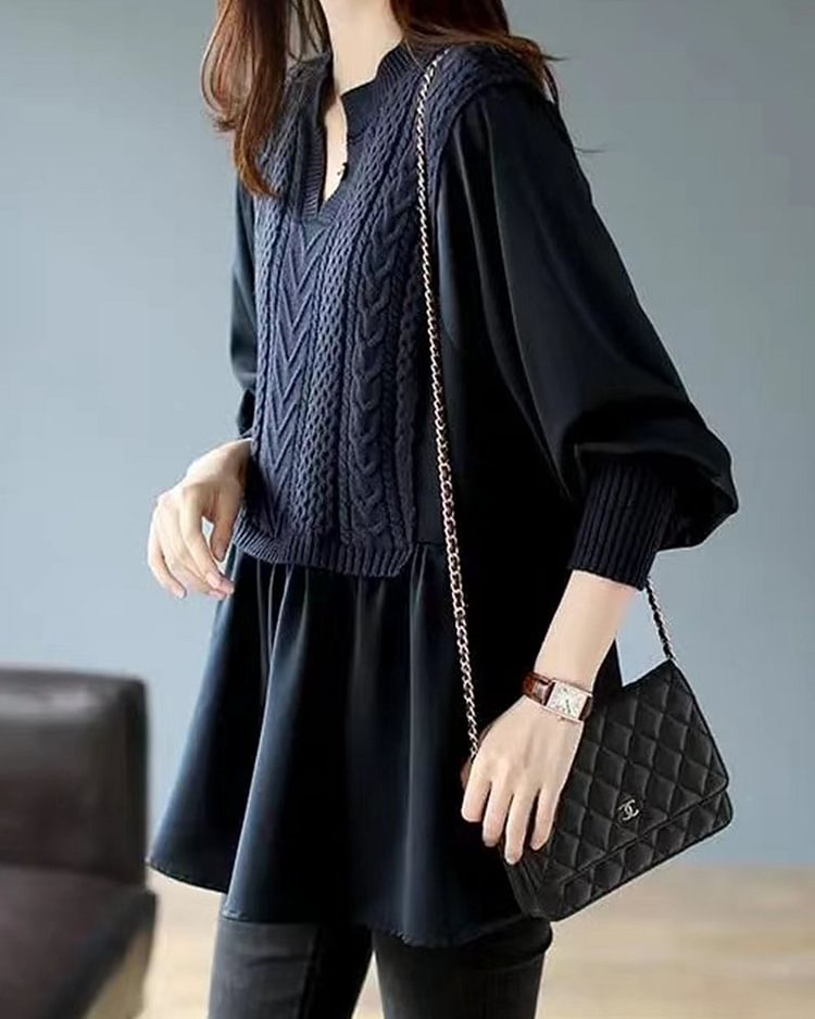 V-neck Solid Sweater Blouse