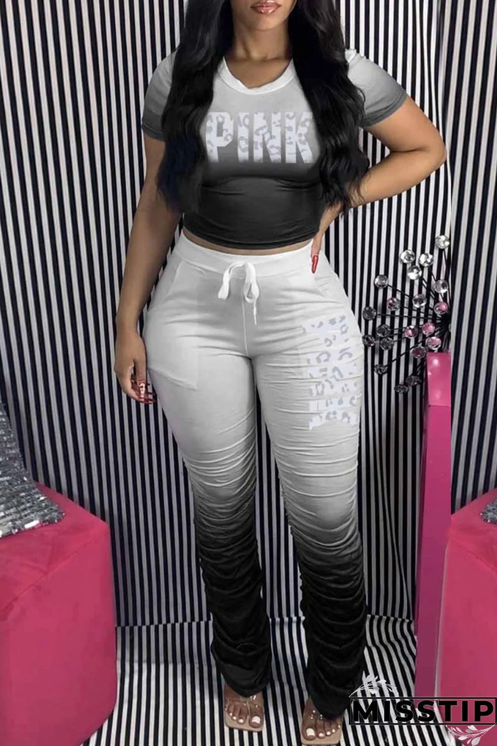 Purple Fashion Casual Gradual Change Letter Print Fold O Neck Short Sleeve Two Pieces