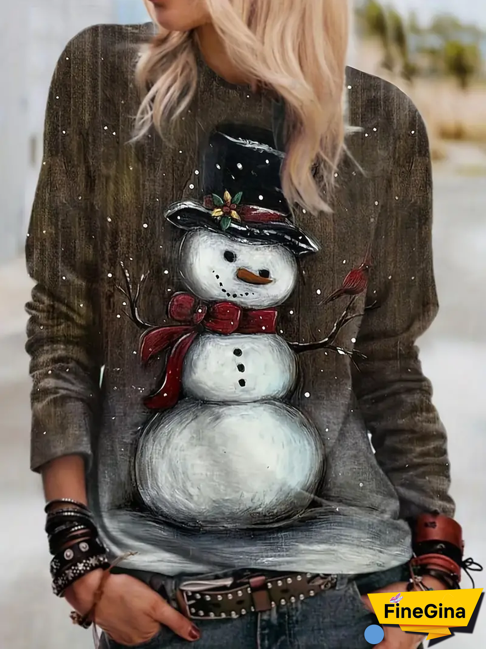 Women's Retro Snowman Crew Neck Long Sleeve Top