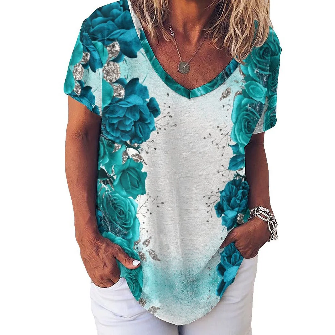 V-neck Short Sleeve Casual T-shirt for  Women Printed with Pattern Turquoise, Floral, Rose