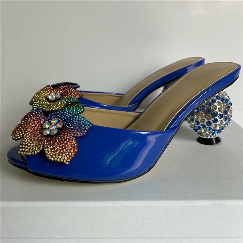 VCSHOES Jeweled Diamond Flower Sandals Women Rhinestone Crystal Spherical Heel Slingbacks Mules For Girls