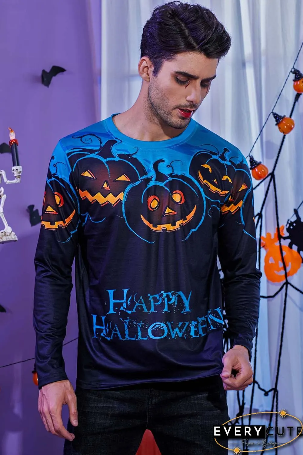 Men's 3D Halloween Pumpkin Print Knit Long Sleeve T-Shirt