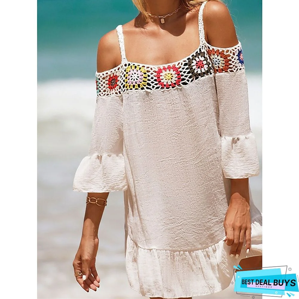 Women's Cover Up Beach Dress Beach Wear Mini Dress Ruffle Backless Ethnic Casual Floral Spaghetti Strap 3/4 Length Sleeve Loose Fit Outdoor Daily Black White 2023 Spring Summer One Size