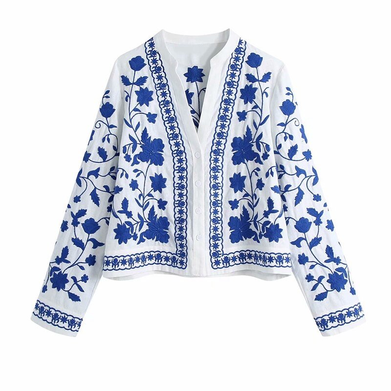 Zingj Casual Embroidery Blue And White Porcelain Coat Women Elegant Single Breasted Loose Jacket Chic Tops Vintage Spring Outwear