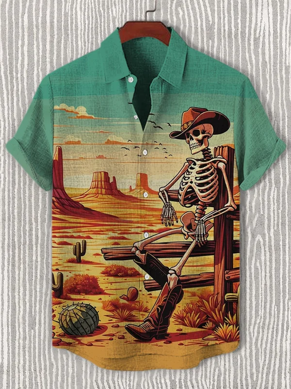 Men's Retro Western Skeleton Cowboy Art Print Casual Shirt