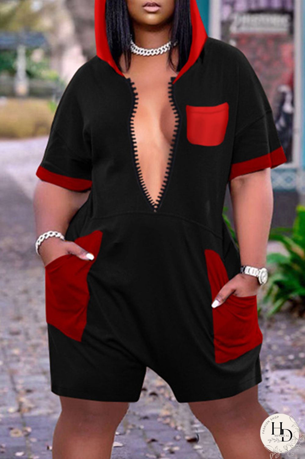 Black Red Fashion Casual Plus Size Solid Split Joint Hooded Collar Short Sleeve Romper