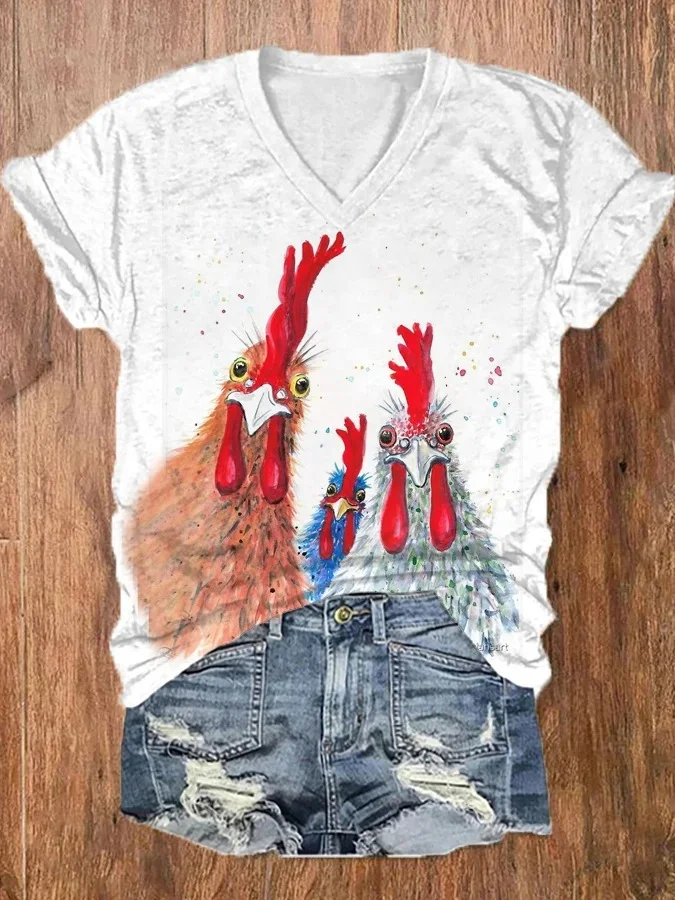 Women's Funny Rooster Chicken Print Casual V-Neck Tee
