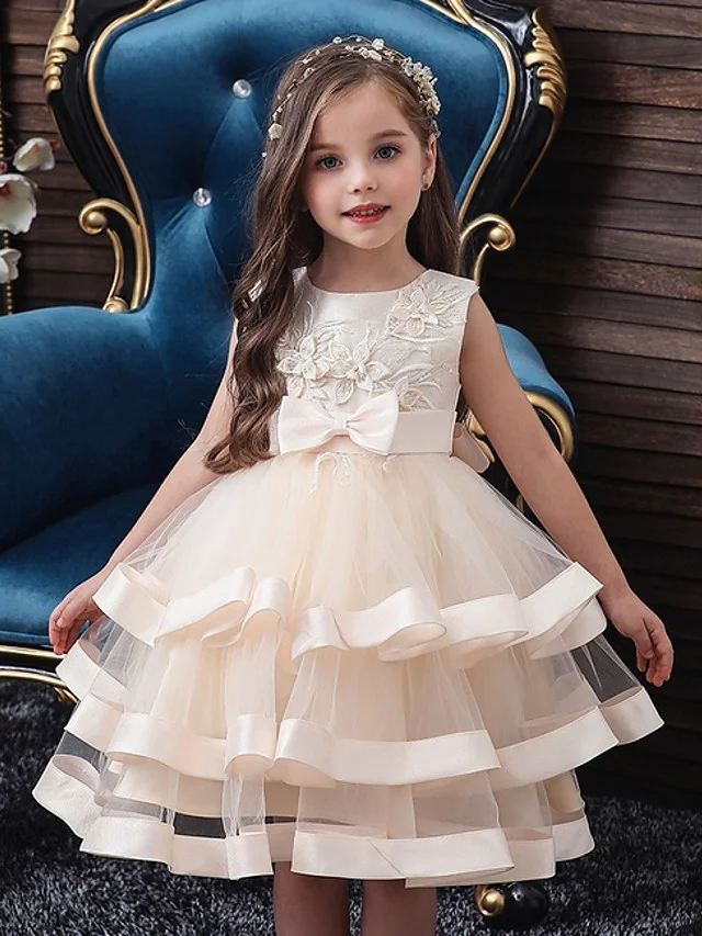 Hellodresses Ball Gown Knee Length Flower Girl Dress Sleeveless Jewel Neck With Sash Ribbon Bow Tier