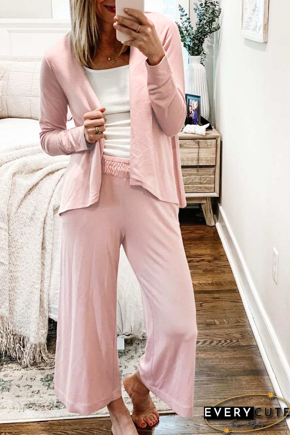 Pink Solid Knit Cardigan and Wide Leg Lounge Pants Set