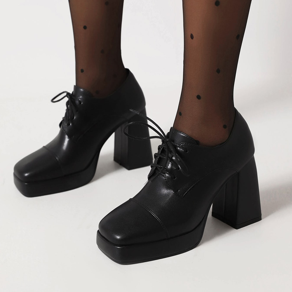 Black  Closed Square Toe Lace Up Platform Oxford Shoes With Chunky Heels Nicepairs