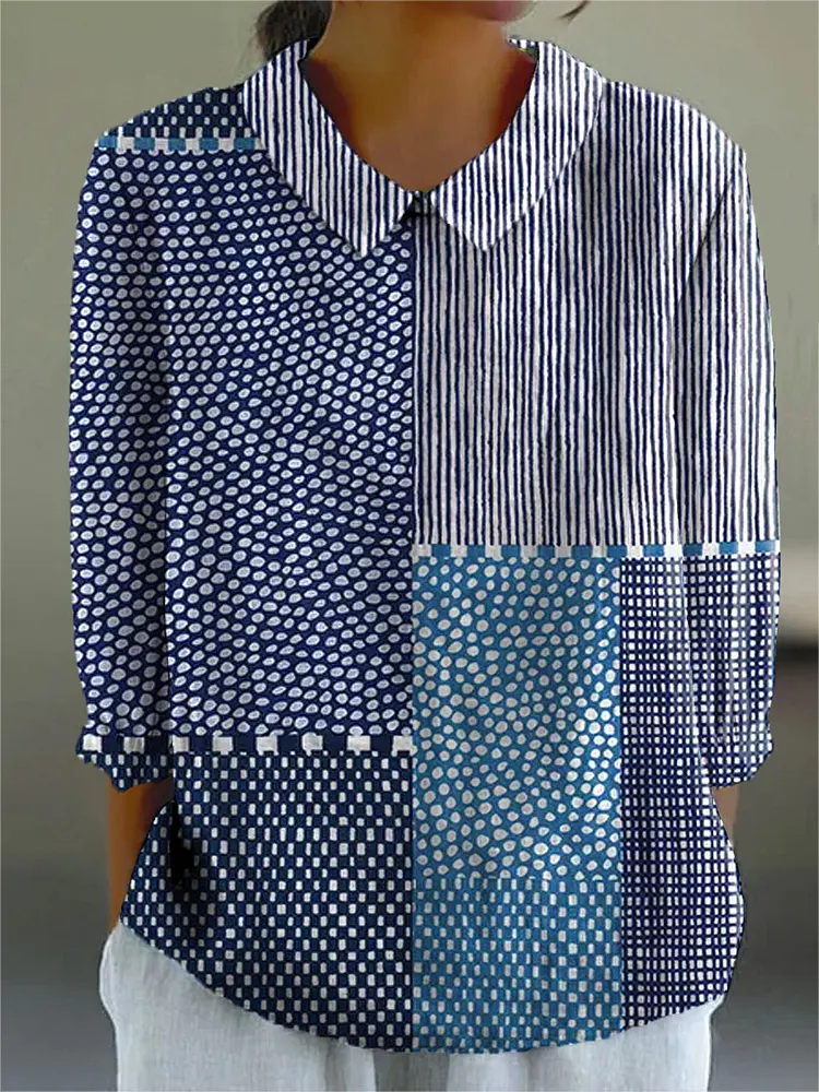 Women's Retro Polka Dot Stripe Art Print Casual Cotton And Linen 3/4 Sleeve Shirt