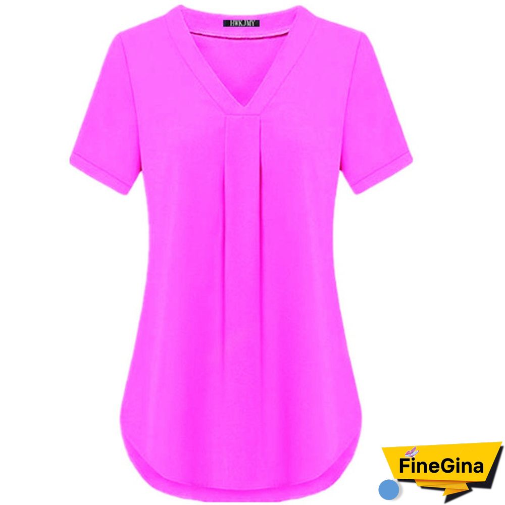 Womens Fashion Summer Sexy V-neck Short Sleeve Shirt Solid Color Loose Pleated Chiffon T