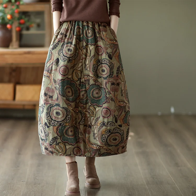 Vintage Cotton Linen Floral Elastic Waist Skirt