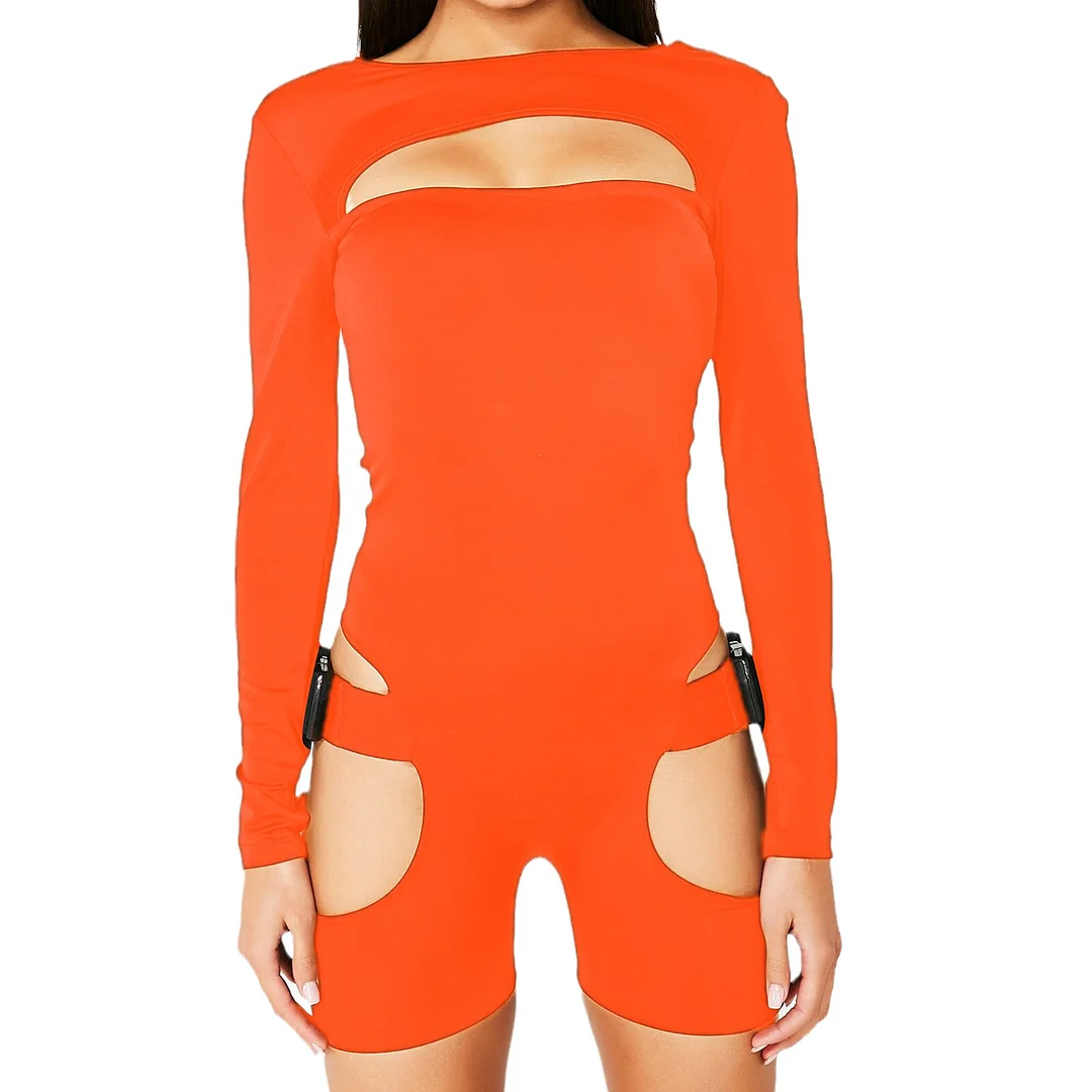 Hollow Out Buckle Women's Romper 2023 Long Sleeve O Neck Backless Solid Playsuit Club Fitness Cycling Overall Street Jumpsuits