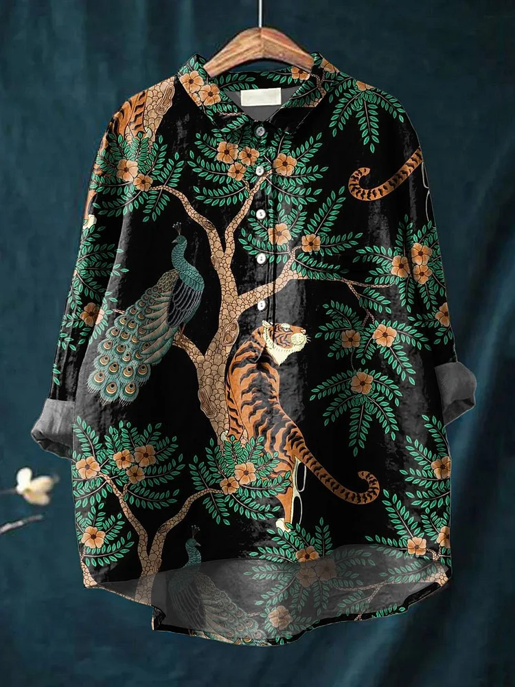 Vintage Ethnic Lovely Animals Floral Art Print Casual Cotton And Linen Shirt