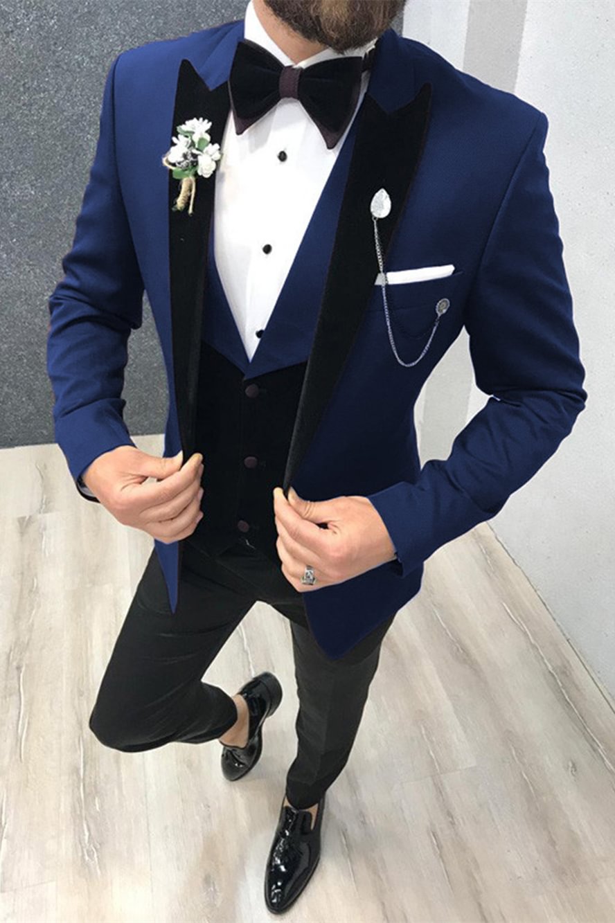 Stylish Peak Lapel 3 Piece Black-and-blue Wedding Suits With Waistcoat | Ballbellas Ballbellas