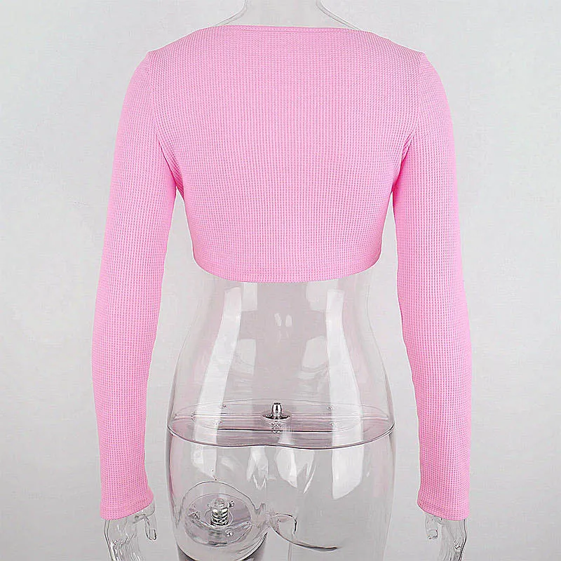 Pink Waffled Knit Long Sleeve V-Neck Frayed Top