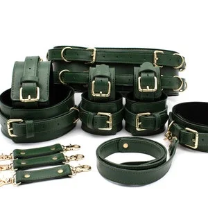 pornhint Pornhint Green & Gold Luxury BDSM Bondage Gear, Restraint Set for Women, Wrist Ankle Thigh Cuffs + Collar with Leash + Waist Belt, Christmas Present
