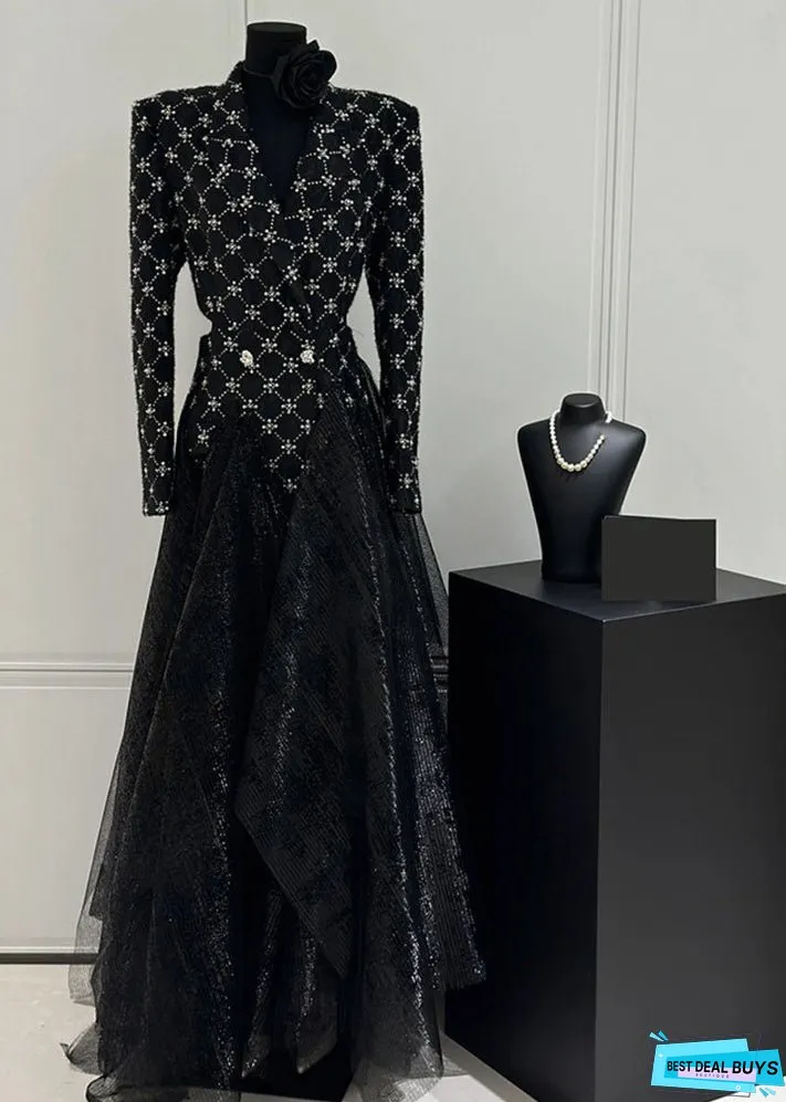 Slim Fit Black Plaid Patchwork Tulle Maxi Dress Fall