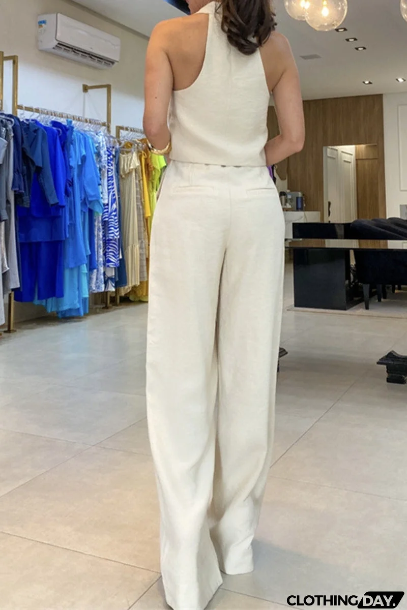 Casual British Style Solid Pocket Frenulum V Neck Sleeveless Two Pieces