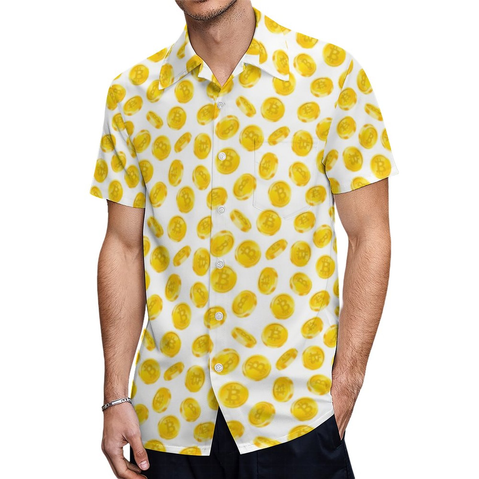 Bitcoin Cryptocurrency Modern Yellow White Pattern Hawaiian Shirt Mens Button Down Tropical Hawaii Beach Shirts