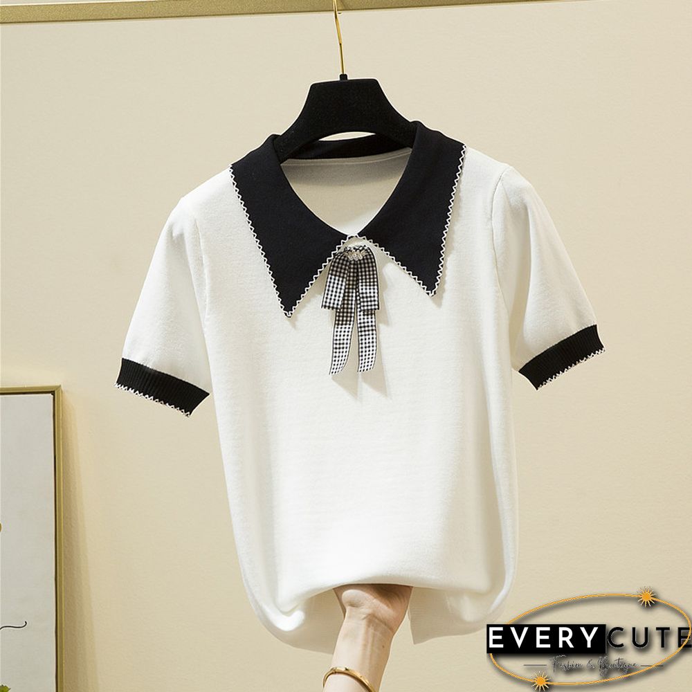 Korean Fashion Bow Women T Shirt Turn-Down Collar Knitted Tee Shirt Female Summer Short Sleeve Sweet Style Tshirt Woman Clothes