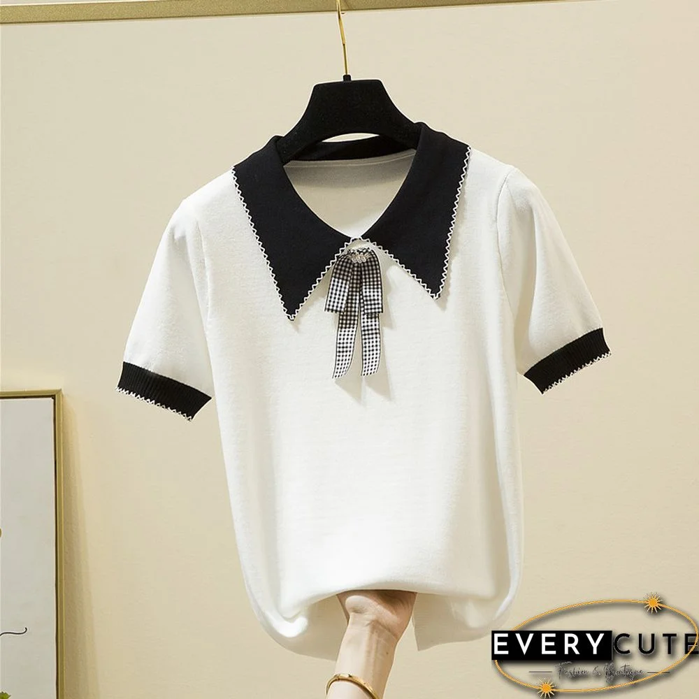 Korean Fashion Bow Women T Shirt Turn-Down Collar Knitted Tee Shirt Female Summer Short Sleeve Sweet Style Tshirt Woman Clothes