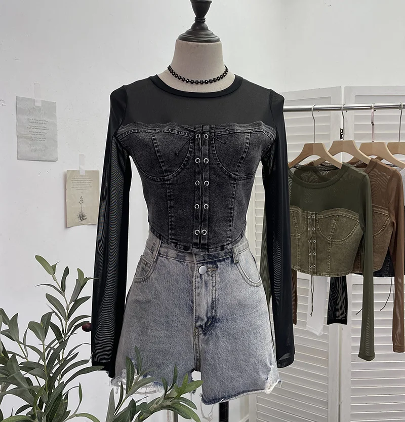 Uveng Real Shooting Denim Splicing Mesh Design Long-Sleeved T-Shirt Wearing Rope Tie Short Repair Body Coat 2638