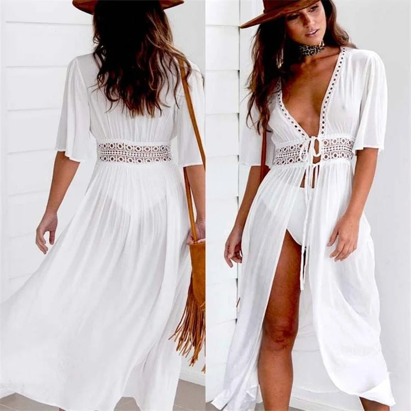 3XL Plus Size Beach Dress Women Long Maxi Cover Up Tunic Pareo White V Neck Dress Robe Swimwear Bathing Suit Beachwear