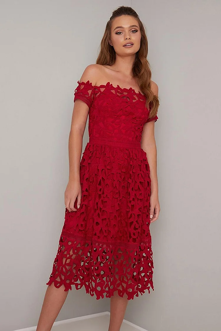 BestDealFriday Red Off Shoulder Short Sleeve Crochet Prom Dress P1481571