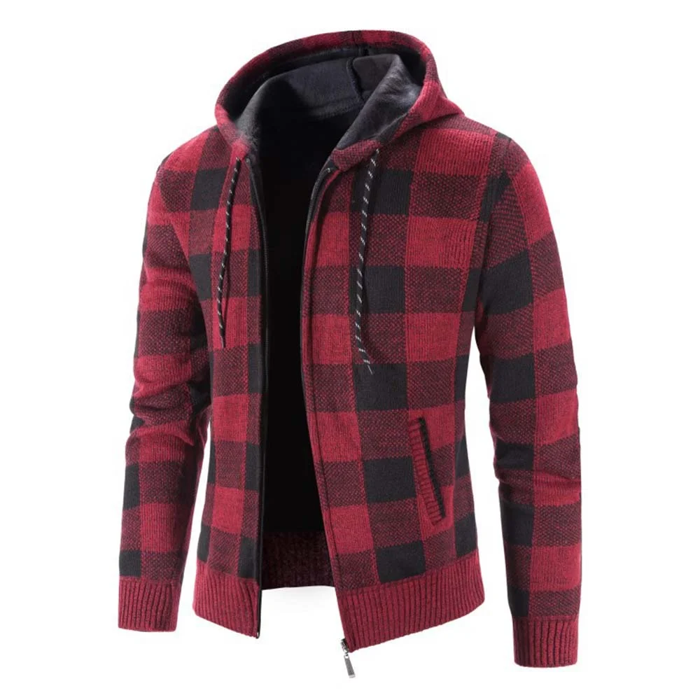 Smiledeer  Men's thickened plaid hooded cardigan sweater jacket