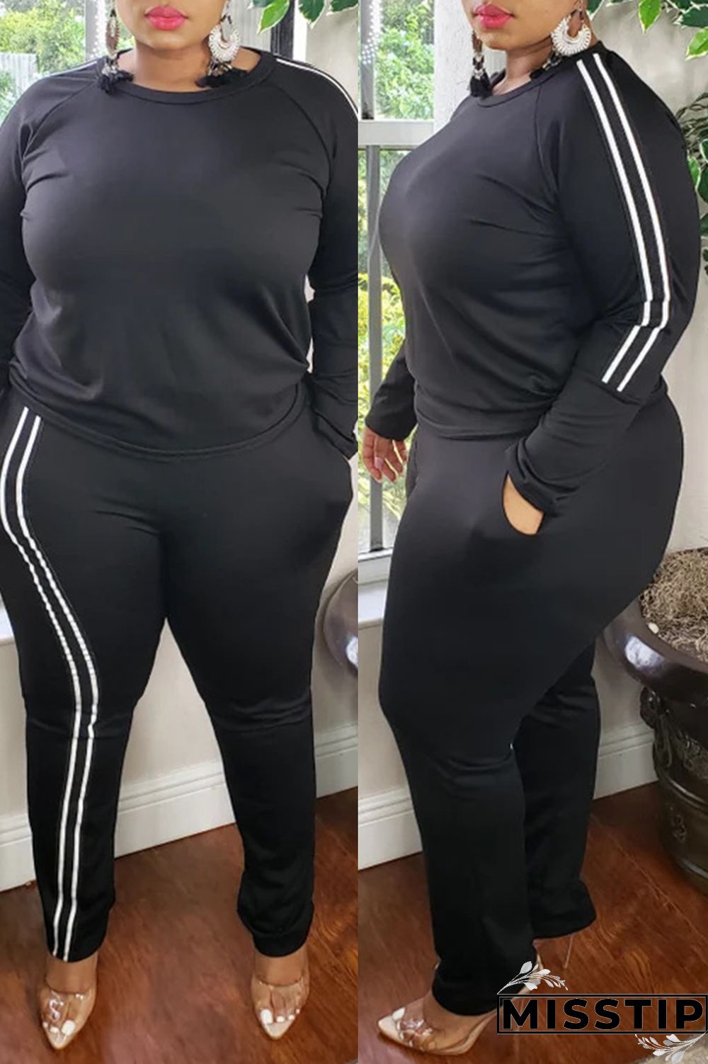 Blue Fashion Casual Striped Patchwork O Neck Plus Size Two Pieces