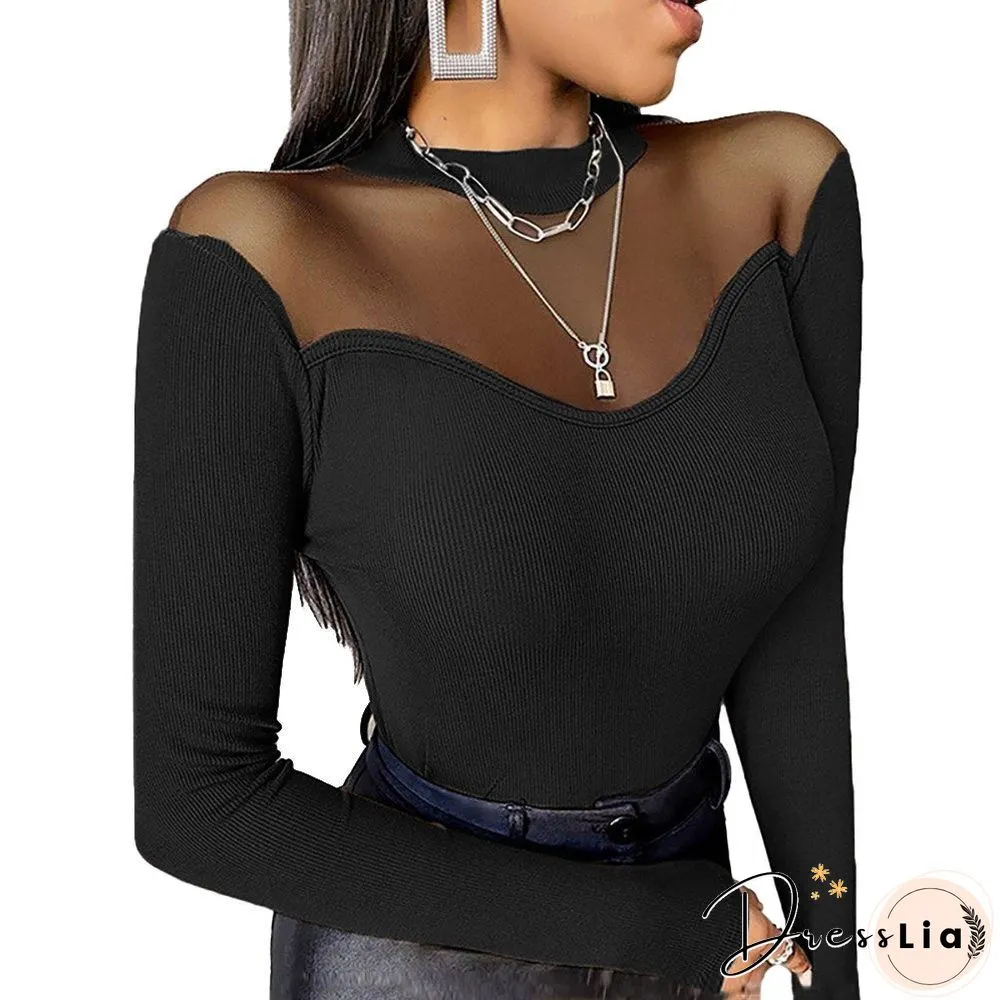 Solid Color Elegant Office Lady Women Slim Fit Tops Long Sleeve Round Neck Mesh Patchwork T-Shirt Sexy Female Black Clothes