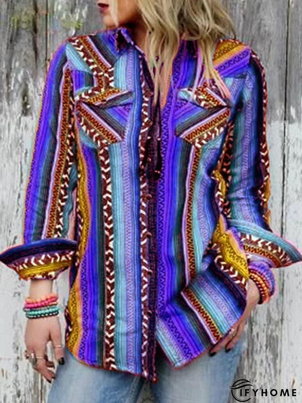 Multicolor Boho Shirt Collar Color-Block Striped Blouse | IFYHOME