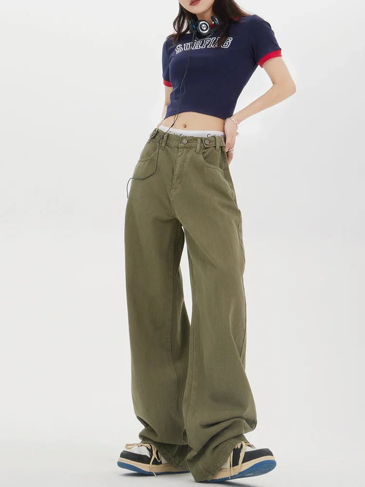 Nncharge Vintage Style High Waist Green Jeans Pants Spring Fashion Women's Baggy Y2K Wide Leg Denim Trouser Female Clothes