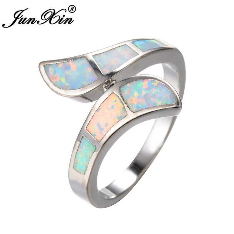JUNXIN Women White & Blue Fire Opal Ring High Quality Silver Color Fashion Jewelry Vintage Wedding Rings For Women