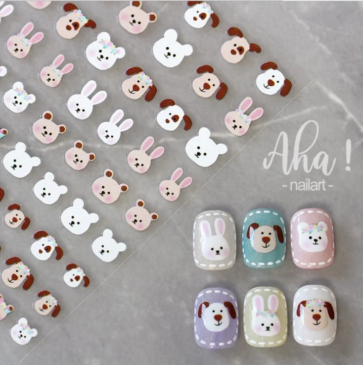 Nail Glue Stickers Ins Stars Moon Cartoon Rabbit Panda Flower Nail Decoration Decals Nail Sticker Animal Nail Art Decorations-Nail Inspo