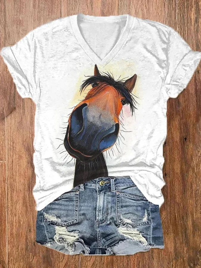 Women's Funny Horse Print Casual V-Neck Tee