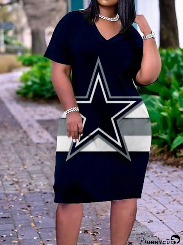 Plus Size Casual Dress Geometric Letter Midi Dress Short Sleeve Print V Neck Fashion Outdoor Black White Spring Summer L XL XXL 3XL 4XL for Women